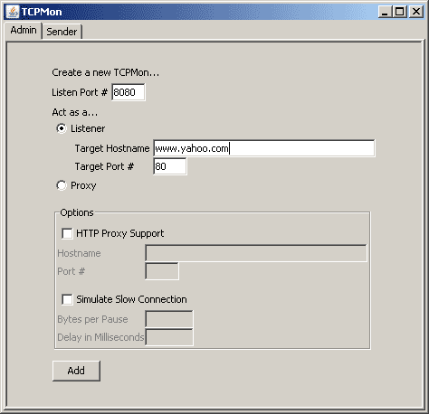 TCPMon Admin tab